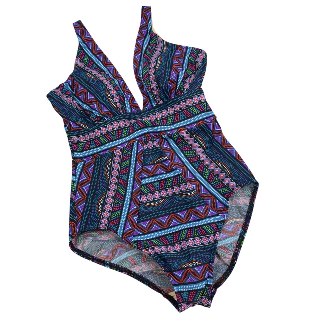 Miraclesuit One Piece Swimsuit 10‎ Tribal Geo Print Tummy Control Padded V-NECK